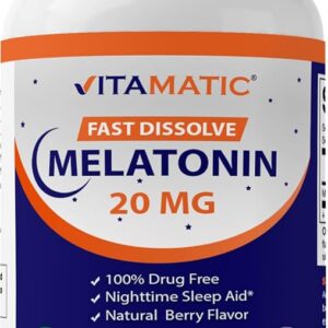 Vitamatic Melatonin 20mg Tablets | Vegetarian, Non-GMO, Gluten Free | HIGH Potency 20 MG | Natural Berry Flavor 120 Tablets