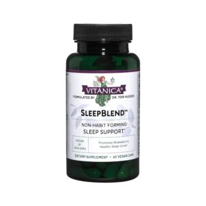 Vitanica Sleepblend, Non Habit Forming Sleep Support Supplement, with Melatonin, Valerian Root, Passionflower and Hops, Vegan, 60 Capsules