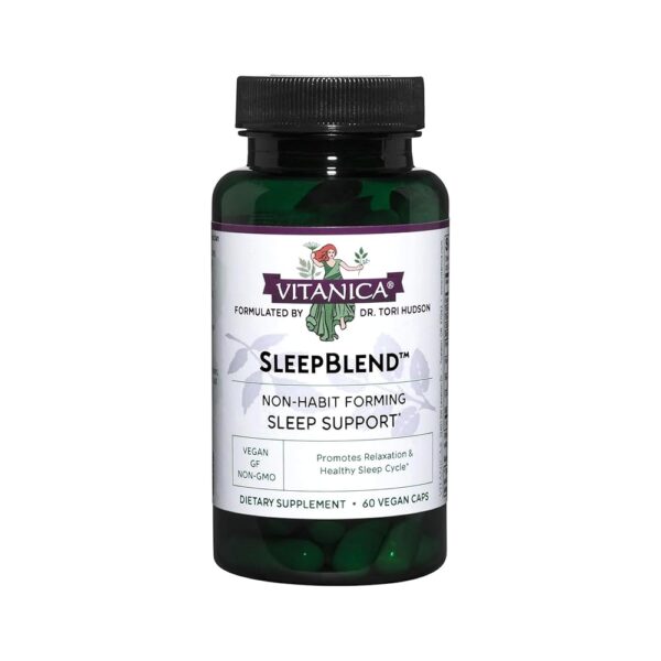 Vitanica Sleepblend, Non Habit Forming Sleep Support Supplement, with Melatonin, Valerian Root, Passionflower and Hops, Vegan, 60 Capsules