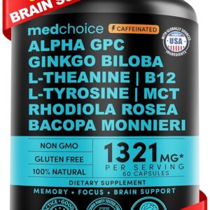12-in-1 Nootropic Brain Supplement with Caffeine Anhydrous: Ginkgo Biloba for Brain Support, Memory and Focus - B12, Alpha GPC, L Theanine and Choline Supplements with Bioperine...