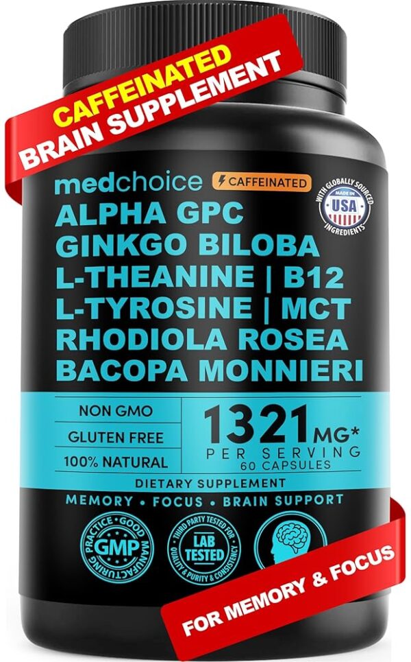 12-in-1 Nootropic Brain Supplement with Caffeine Anhydrous: Ginkgo Biloba for Brain Support, Memory and Focus - B12, Alpha GPC, L Theanine and Choline Supplements with Bioperine...