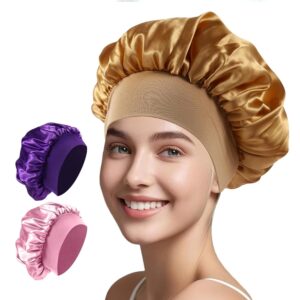 2Pcs Silk Bonnet for Sleeping, Satin Hair Bonnets,for Sleeping Hair Bonnets for Women Curly Natural Hair(Pink/Purple)