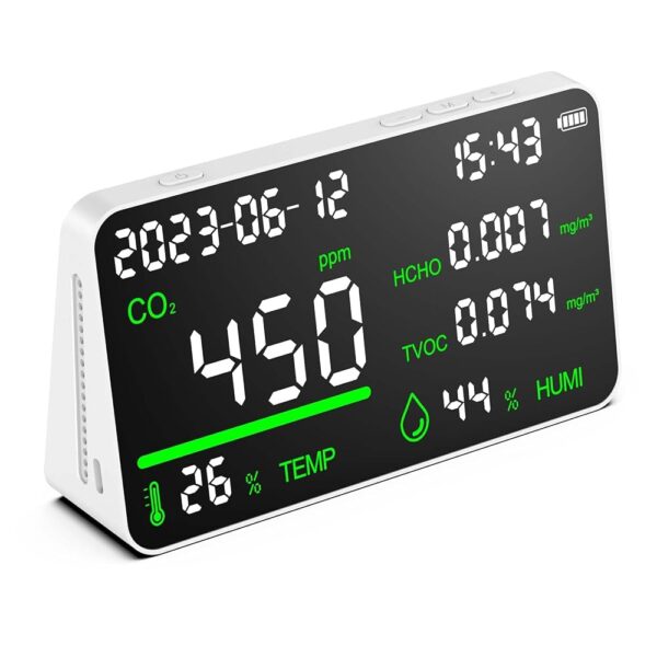 7-in-1 Air Quality Monitor, Indoor Humidity Monitor, Temperature, CO2, TVOC, HCHO, Time, Date Display Desktop Air Quality Tester, Air Quality Meters for Home Office Hotel...