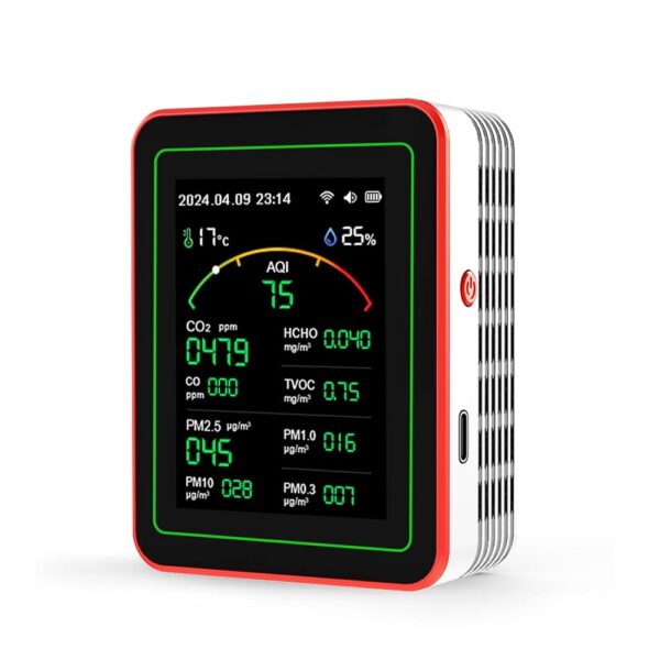Air Quality Monitor,15-in-1 Smart Air Quality Tester with PM, CO2, CO, TVOC, HCHO, PM, AQI, Temperature & Humidity, Timer, Real Time Display, Battery Powered, for Home & Office
