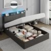 Albott Full Size Lift Up Storage Bed Frame, Modern Platform Bed Frame with Charging Station and RGBW LED Lights, Linen Upholstered Headboard, No Box Spring Needed, Black