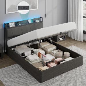 Albott Full Size Lift Up Storage Bed Frame, Modern Platform Bed Frame with Charging Station and RGBW LED Lights, Linen Upholstered Headboard, No Box Spring Needed, Black