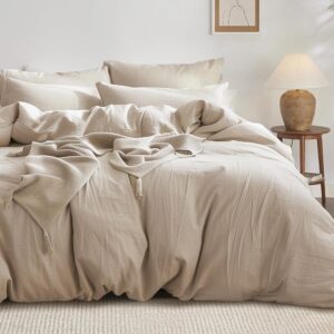 Bedsure 100% Washed Cotton Duvet Cover Queen - Warm Sand Minimalist Duvet Cover Set Linen Like - 3 Pieces Plain Simple Duvet Cover Set Gifts for Her (Warm Sand, Queen, 90"x90")