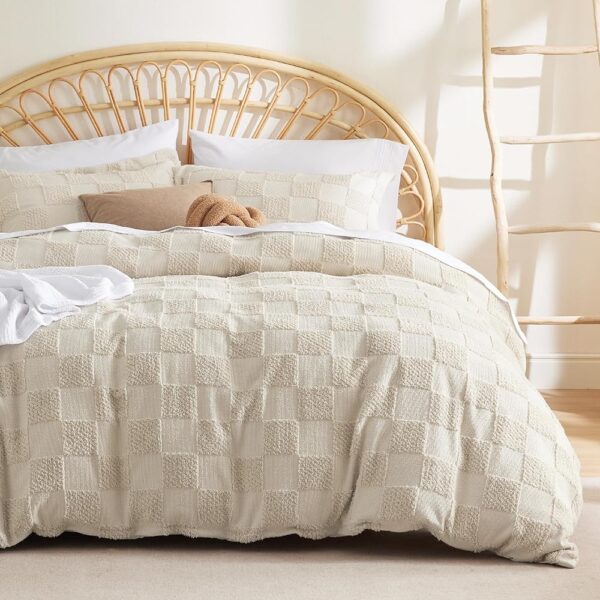 Bedsure Boho Duvet Cover - Boho Bedding Duvet Cover Set for All Seasons, Shabby Chic Jacquard Duvet Cover (Beige,Checkered,King Size,104"x90")