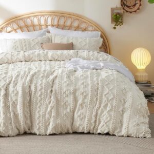 Bedsure Boho Duvet Cover King Size - Tufted Duvet Cover King Size for All Seasons, 3 Pieces Soft Shabby Chic Embroidery Boho Bedding Duvet Cover for Gifts (Beige, King, 104x90)