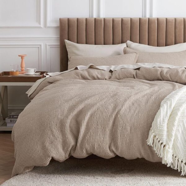 Bedsure Cotton Duvet Cover King - 100% Cotton Waffle Weave Khaki Duvet Cover, Soft and Breathable Tan Duvet Cover Set for All Season (King, 104"x90")