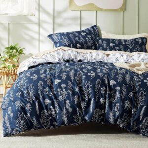Bedsure Duvet Cover Queen Size - Reversible Floral Duvet Cover Set with Zipper Closure, Navy Blue Bedding Set, 3 Pieces, 1 Duvet Cover 90"x90" with 8 Corner Ties and 2 Pillow...