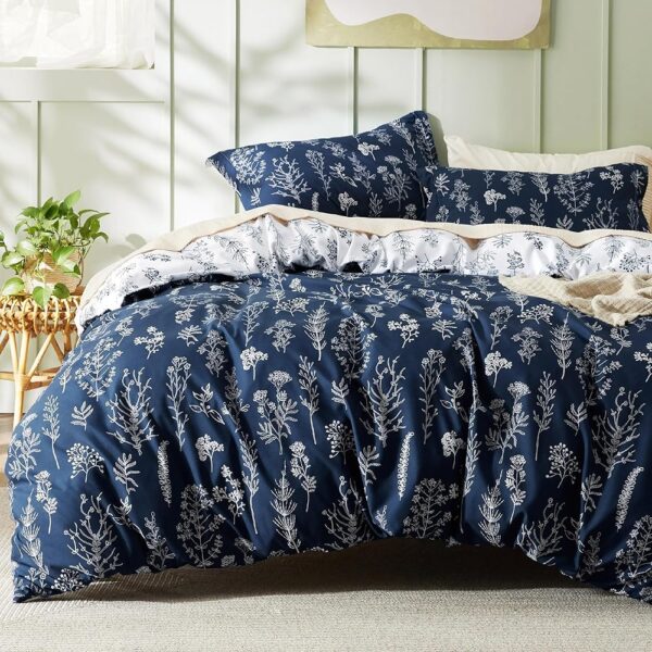 Bedsure Duvet Cover Queen Size - Reversible Floral Duvet Cover Set with Zipper Closure, Navy Blue Bedding Set, 3 Pieces, 1 Duvet Cover 90"x90" with 8 Corner Ties and 2 Pillow...