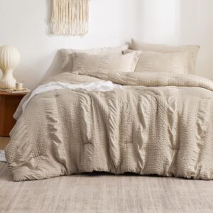 Bedsure King Comforter Set - 7 Pieces Striped Seersucker Jacquard Comforter Bedding Set, Bed in a Bag with Comforter, Flat Sheet, Fitted Sheet, Pillowcases & Shams, Beige