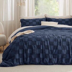 Bedsure King Size Comforter Set Navy, Boho Tufted Bedding Comforter Set, Checkered Farmhouse Shabby Chic Bed Set, 3 Pieces, 1 Plaid Geometric Comforter and 2 Pillow Shams