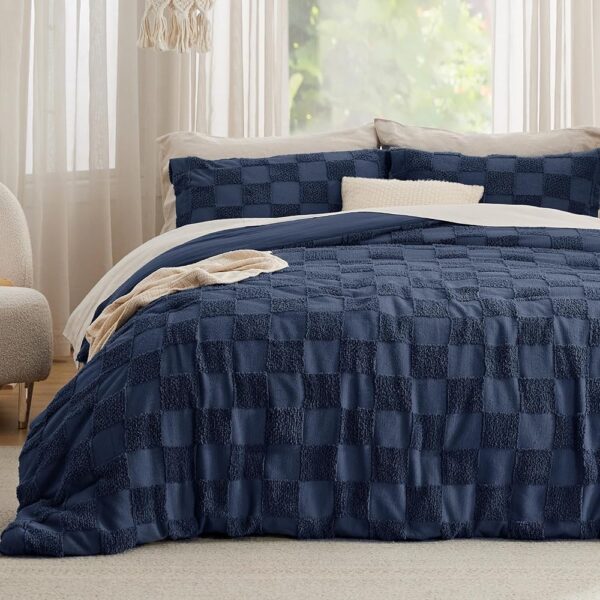 Bedsure King Size Comforter Set Navy, Boho Tufted Bedding Comforter Set, Checkered Farmhouse Shabby Chic Bed Set, 3 Pieces, 1 Plaid Geometric Comforter and 2 Pillow Shams