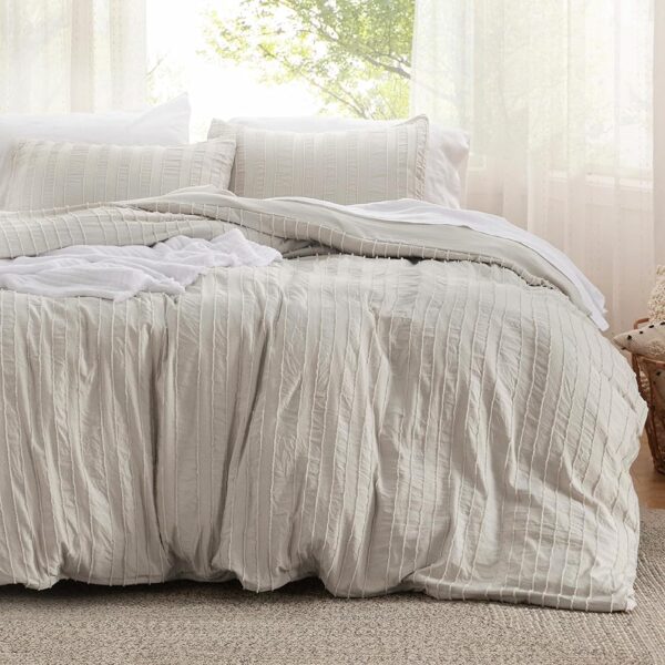 Bedsure Striped Tufted Duvet Cover King Size - Shabby Chic Duvet Cover, 3pcs All-Season Boho Bedding for All Seasons, Includes 1 King Duvet Cover & 2 Pillowcases (Light Beige,...