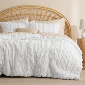 Bedsure Tufted Boho Comforter Set King Size - Bright White Boho Bedding Comforter Set, 3 Pieces Farmhouse Shabby Chic Embroidery Bed Set, Gifts for Woman, Soft Jacquard...
