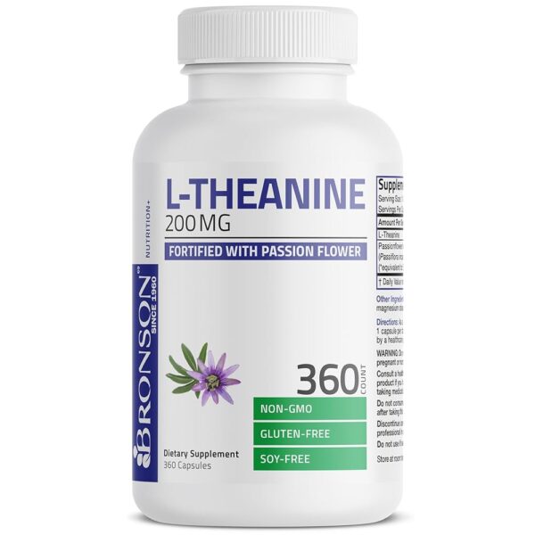 Bronson L-Theanine 200mg (Double-Strength) with Passion Flower Herb, Non-GMO Gluten-Free Soy-Free Stress Management Supplement, 360 Capsules