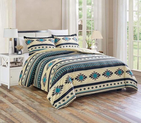 Chezmoi Collection 3-Piece Southwestern Geometric Tribal Multicolor Teal Beige Black Gray Comforter Set, Queen Size