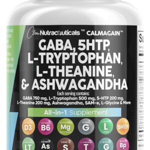 Clean Nutraceuticals GABA 750mg 5 HTP 200mg L Tryptophan 500mg L Theanine 200mg Ashwagandha 3000mg SAM-e L-Glycine - Mood Support Vitamins for Women and Men with L-Tyrosine - Count