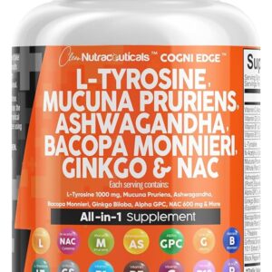 Clean Nutraceuticals L Tyrosine 1000mg Mucuna Pruriens 6000mg Bacopa Monnieri 500mg Ashwagandha 4000mg Focus Supplement w/N-Acetyl Cysteine 600mg NAC 5-HTP Ginkgo Biloba Alpha...