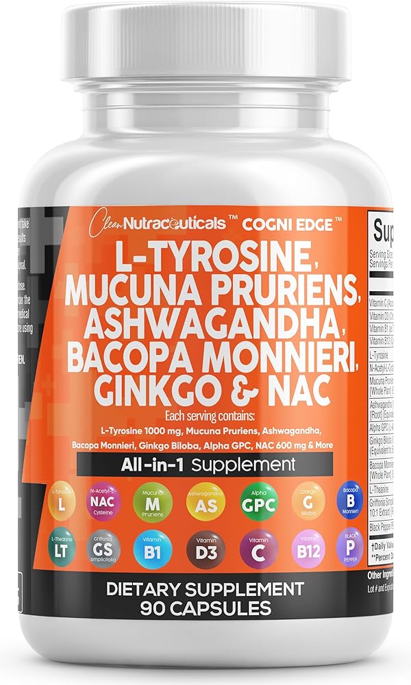 Clean Nutraceuticals L Tyrosine 1000mg Mucuna Pruriens 6000mg Bacopa Monnieri 500mg Ashwagandha 4000mg Focus Supplement w/N-Acetyl Cysteine 600mg NAC 5-HTP Ginkgo Biloba Alpha...