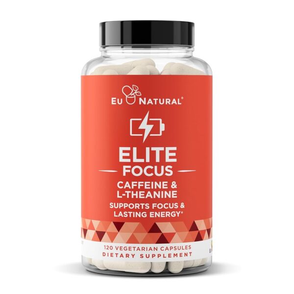 Elite Caffeine Pills with L-Theanine – Jitter-Free Focused Energy Supplements – Clean & Natural Nootropic Stack for Smart Cognitive Performance – 120 Soft Capsules