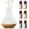 Essential Oil Diffuser with 6 Essential Oils Gift Set, Small Aromatherapy Diffuser Humidifier with 3 Timers＆7 Ambient Light Waterless Auto Off, Oil Diffuser for Room Home...