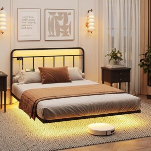 Fameill Queen Size Floating Bed Frame Metal Platform Bed with Vintage Style Headboard, with USB Charging Station, LED Lights No Box Spring Needed, Easy Assembly, Black