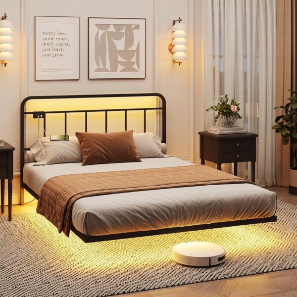 Fameill Queen Size Floating Bed Frame Metal Platform Bed with Vintage Style Headboard, with USB Charging Station, LED Lights No Box Spring Needed, Easy Assembly, Black