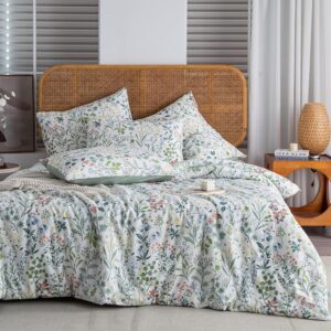 Floral Comforter Set Full Soft Bedding Comforter Set 3 Pieces Garden Style Green Red Flower Print Botanical Flowers Comforter Set for All Seasons 1 Comforter and 2 Pillowcases...
