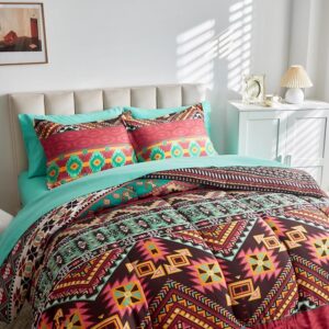 Flysheep Boho Bed in a Bag 7 Pieces Queen Size, Colorful Bohemian Tribal Comforter Set with Teal Sheet Set for All Season(1 Comforter, 1 Flat Sheet, 1 Fitted Sheet, 2 Pillow...