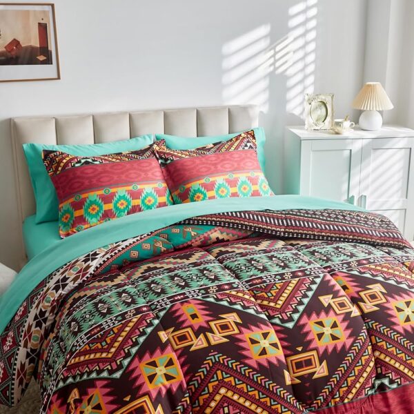 Flysheep Boho Bed in a Bag 7 Pieces Queen Size, Colorful Bohemian Tribal Comforter Set with Teal Sheet Set for All Season(1 Comforter, 1 Flat Sheet, 1 Fitted Sheet, 2 Pillow...