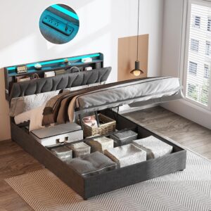 Full Size Lift Up Storage Bed Frame, Height Adjustable Storage Headboard with Charging Station, LED Lights Upholstered Platform Bed, Wooden Slat, No Box Spring Needed,...