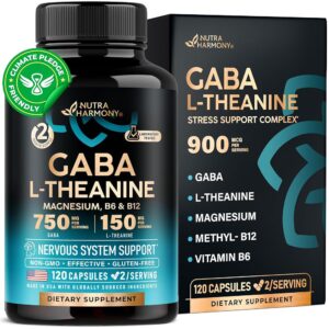 GABA L-Theanine 900 mg - Made in USA - Magnesium | Vitamin B6 - Calm, Sleep, Relaxation & Mood Support - 750 mg Gamma AminoButyric Acid, 150 mg L-Theanine - Non-Habit Forming,...
