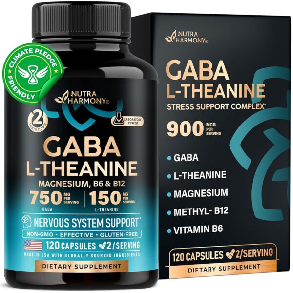 GABA L-Theanine 900 mg - Made in USA - Magnesium | Vitamin B6 - Calm, Sleep, Relaxation & Mood Support - 750 mg Gamma AminoButyric Acid, 150 mg L-Theanine - Non-Habit Forming,...