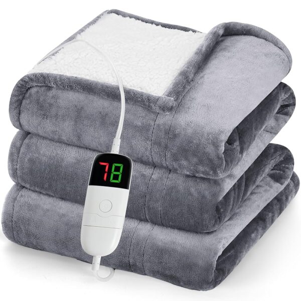 greenoak Heated Blanket Electric Throw 50"X60", Heating Blanket with 10 Heat Levels 1/2/4/6/8 Hours Auto-Off Overheat Protection, Flannel Sherpa Soft Warm Heater Blanket, ETL...