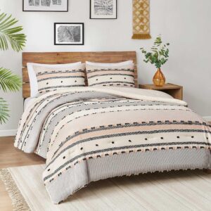 Hyde Lane Modern Farmhouse Comforter Set King, Boho Tufted Bedding, Cotton Top with Neutral Rustic Style Clipped Jacquard Stripes Bed Sets, 3-Pieces Including Matching Pillow...