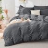 HYMOKEGE Dark Grey Duvet Cover Queen Size, Ultra Soft & Breathable 3PC Seersucker Duvet Cover Set with Zipper Closure & Corner Ties–Includes 1 Duvet Cover (90"x90") & 2 Pillowcases