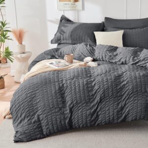 HYMOKEGE Dark Grey Duvet Cover Queen Size, Ultra Soft & Breathable 3PC Seersucker Duvet Cover Set with Zipper Closure & Corner Ties–Includes 1 Duvet Cover (90"x90") & 2 Pillowcases