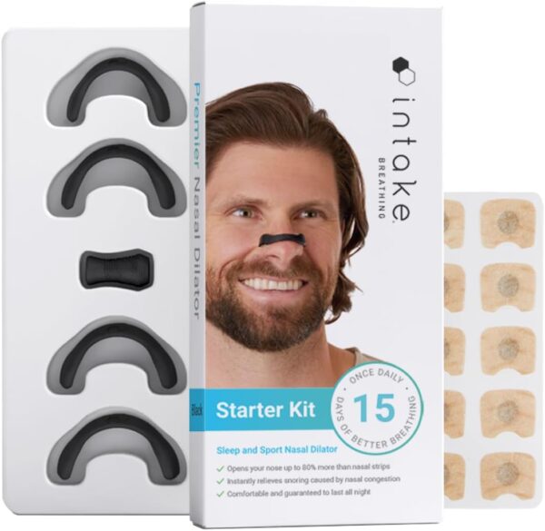 Intake Breathing Nasal Strip Starter Kit (15 Count, Black) - Boost Oxygen Intake, Reduce Snoring, Improve Sleep Quality - Sweat Resistant, Skin Safe Nasal Strips - Extra...
