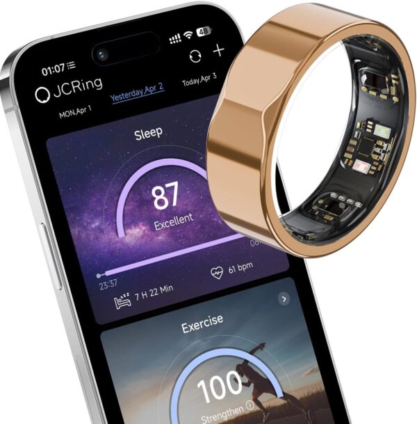 JCRing Smart Ring Fitness Tracker, Sleep Tracking Wearable, Accurate Monitoring of Pedometer, Heart, Temperature, Titanium Ring with Charging Case, APP for iOS & Android(Gold...