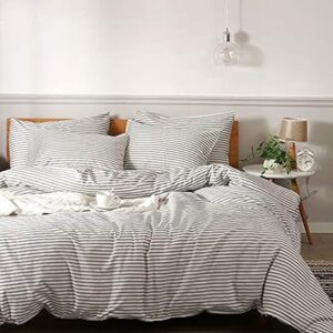 JELLYMONI 100% Natural Cotton 5pcs Striped Duvet Cover Sets,White Duvet Cover with Grey Stripes Pattern Printed Comforter Cover,with Zipper Closure & Corner Ties(Queen Size)