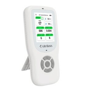 LifeBasis Air Quality Monitor Indoor, 10-in-1 Air Quality Detector with Stand, Real-Time Air Meter Test AQI, PM1.0, PM2.5, PM10, CO2, TVOC, HCHO, Particles, Temperature and...