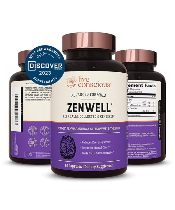 Live Conscious KSM-66 Ashwagandha Supplement w/L Theanine & AlphaWave - ZenWell Everyday Stress Relief, Mood Support, Cognitive, Brain Health - Ashwagandha for Men & Women - 60...