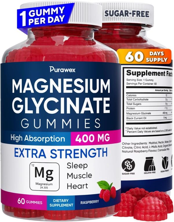 Magnesium Glycinate Gummies 400mg, High Absorption Magnesium Supplement for Adults and Kids, Sugar Free, Gelatin Free, Vegan Friendly, Non GMO, 60 Days Supply - Raspberry