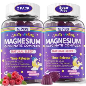 Magnesium Glycinate Gummies for Adults & Kids 4+, Sugar Free Magnesium Bisglycinate Supplement 400/200mg with B6D3, 5HTP, L-Theanine for Sleep & Relaxation, Brain, Muscle,...