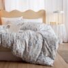 mixinni 3pcs Floral Comforter Set Queen Size, Botanical Blue Flowers Leaves on White Cute Bedding Comforter Sets for Women, 1 Soft Pastoral Style Comforter and 2 Pillowcases for...