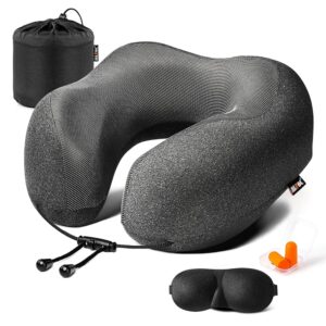 MLVOC Travel Pillow 100% Pure Memory Foam Neck Pillow, Comfortable & Breathable Cover, Machine Washable, Airplane Travel Kit with 3D Contoured Eye Masks, Earplugs, and Luxury...