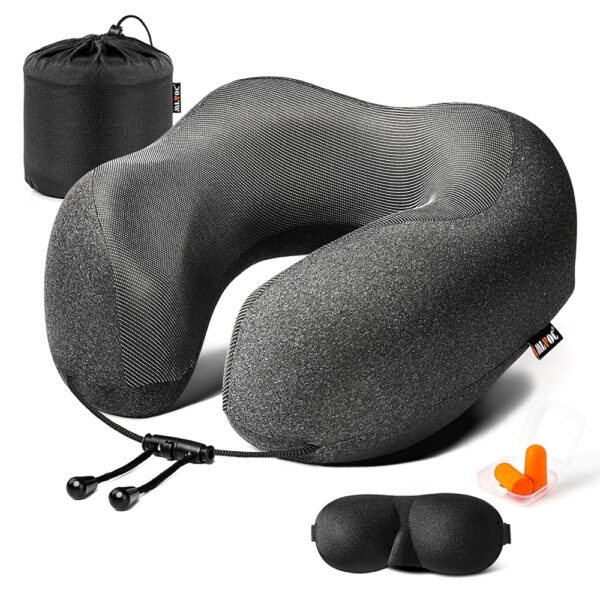 MLVOC Travel Pillow 100% Pure Memory Foam Neck Pillow, Comfortable & Breathable Cover, Machine Washable, Airplane Travel Kit with 3D Contoured Eye Masks, Earplugs, and Luxury...